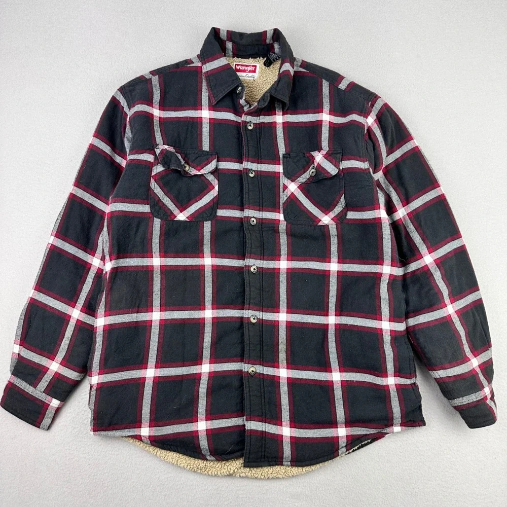 Wrangler Flannel Shirt‎ Jacket Mens Medium Black Plaid Sherpa Fleece Lined Work